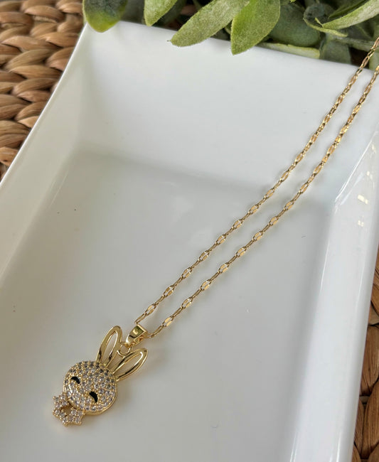 Rhinestone Bunny Necklace-Gold