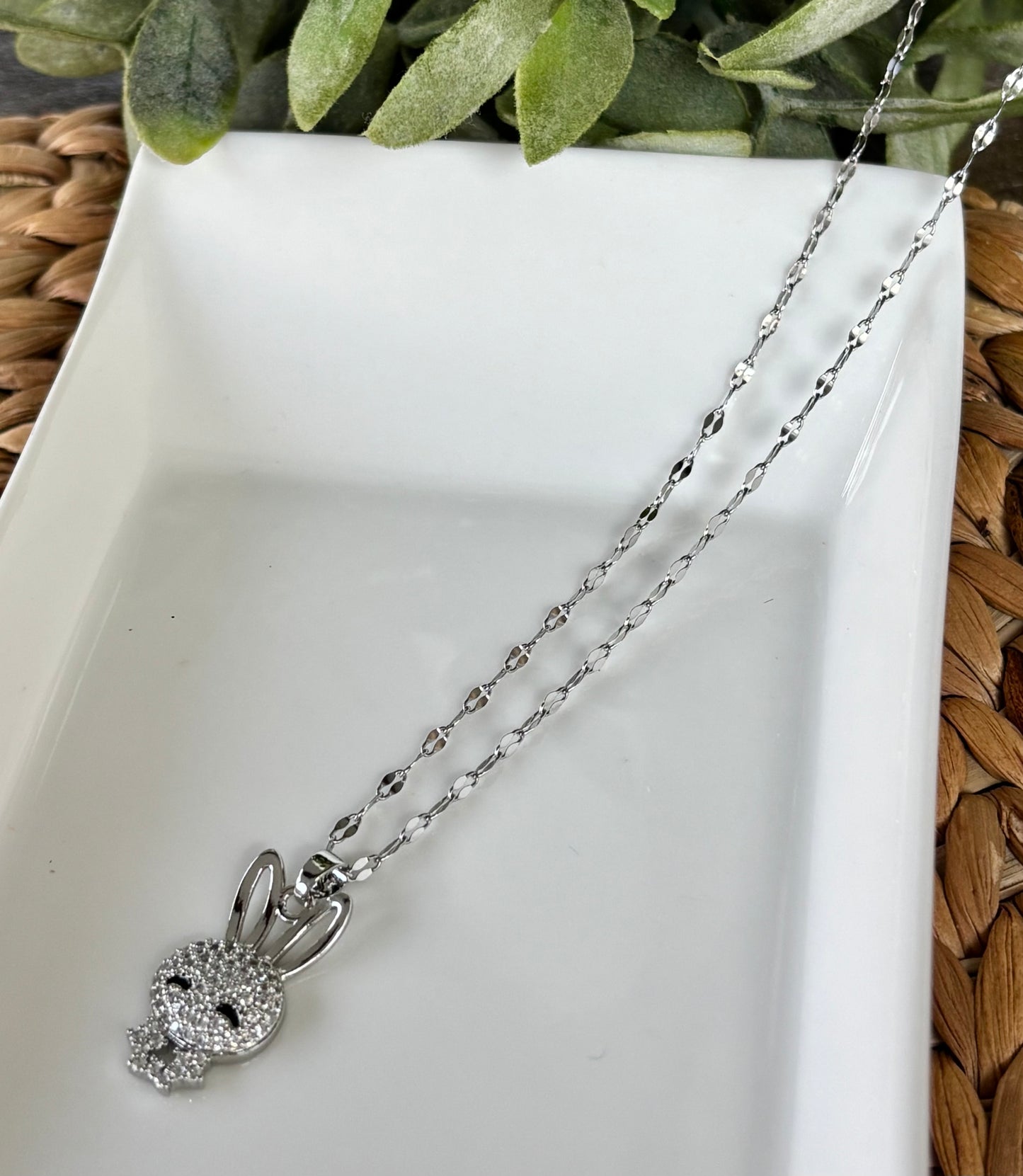 Rhinestone Bunny Necklace-Silver