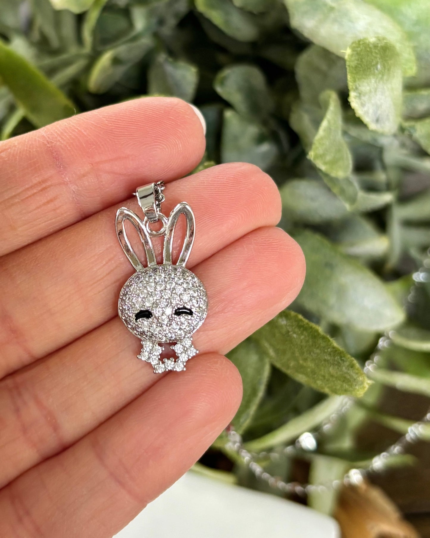 Rhinestone Bunny Necklace-Silver