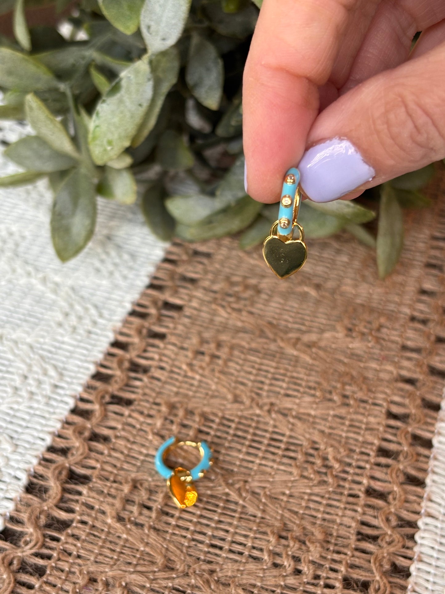 Gold Heart Blue Huggie Hoops