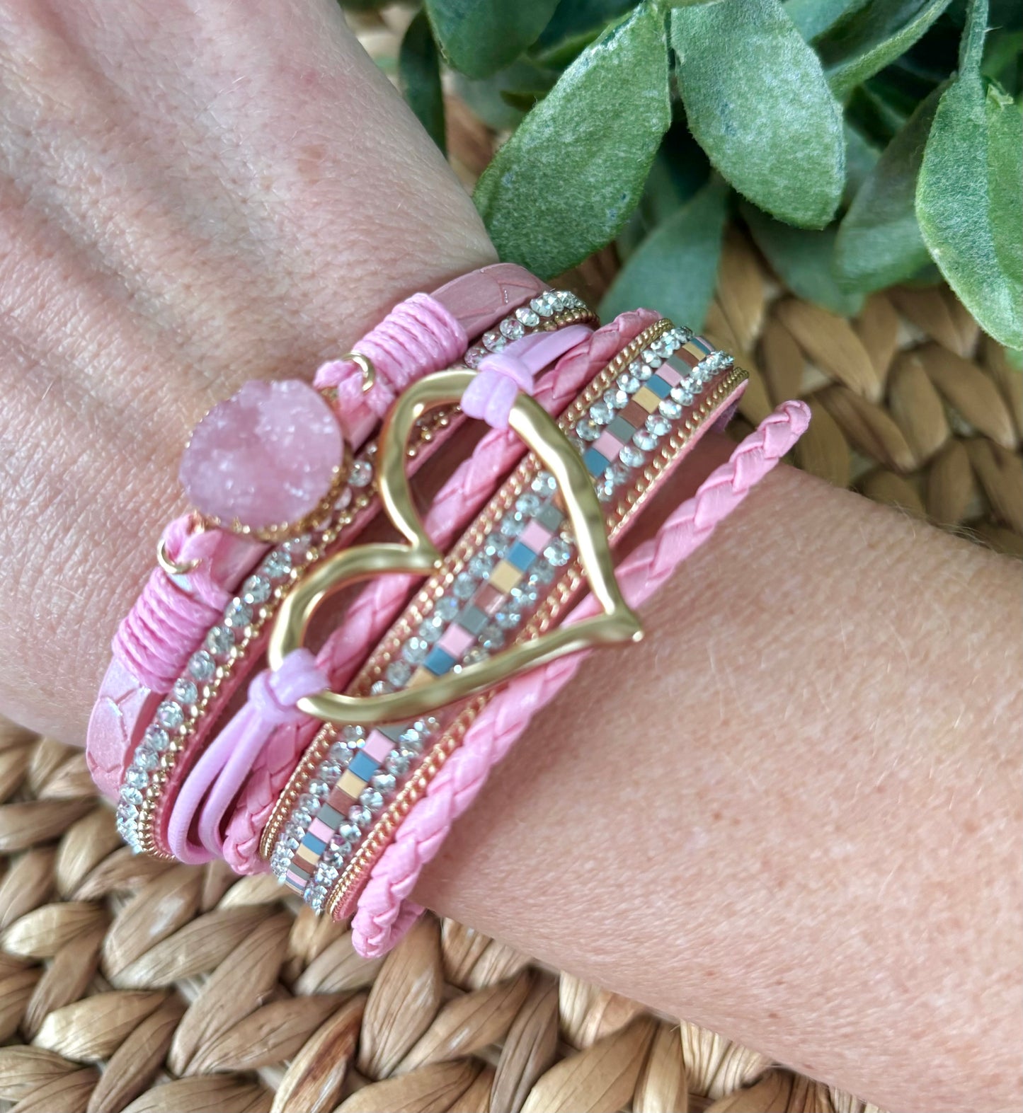 Pink Heart Leather Wrap Bracelet