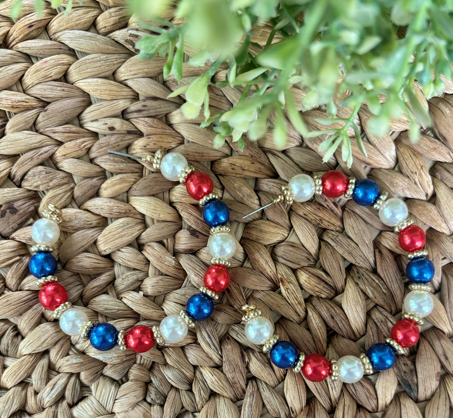 Red, White, & Blue Pearl & Gold Disc Hoops-