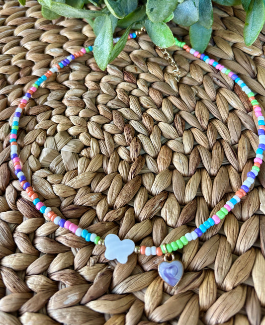 Mini Beaded Necklace & Charm-Rainbow