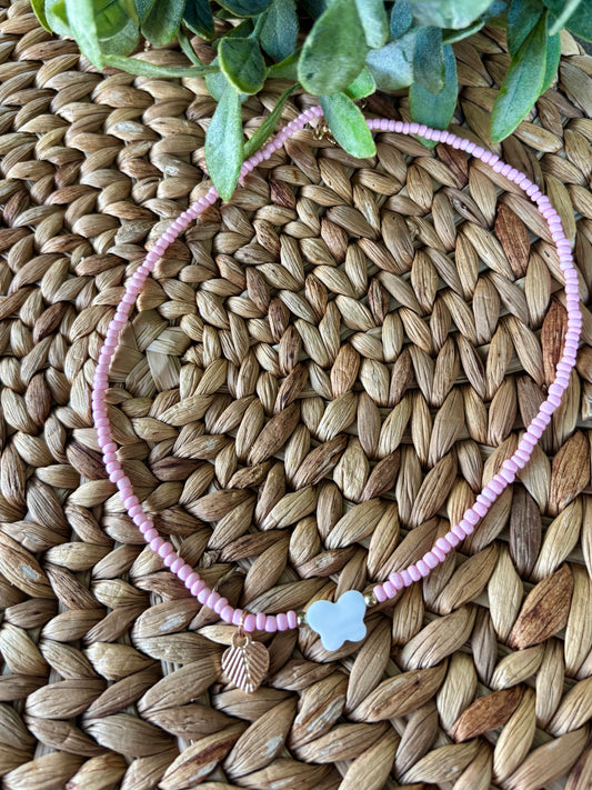 Mini Beaded Necklace & Charm-Pink