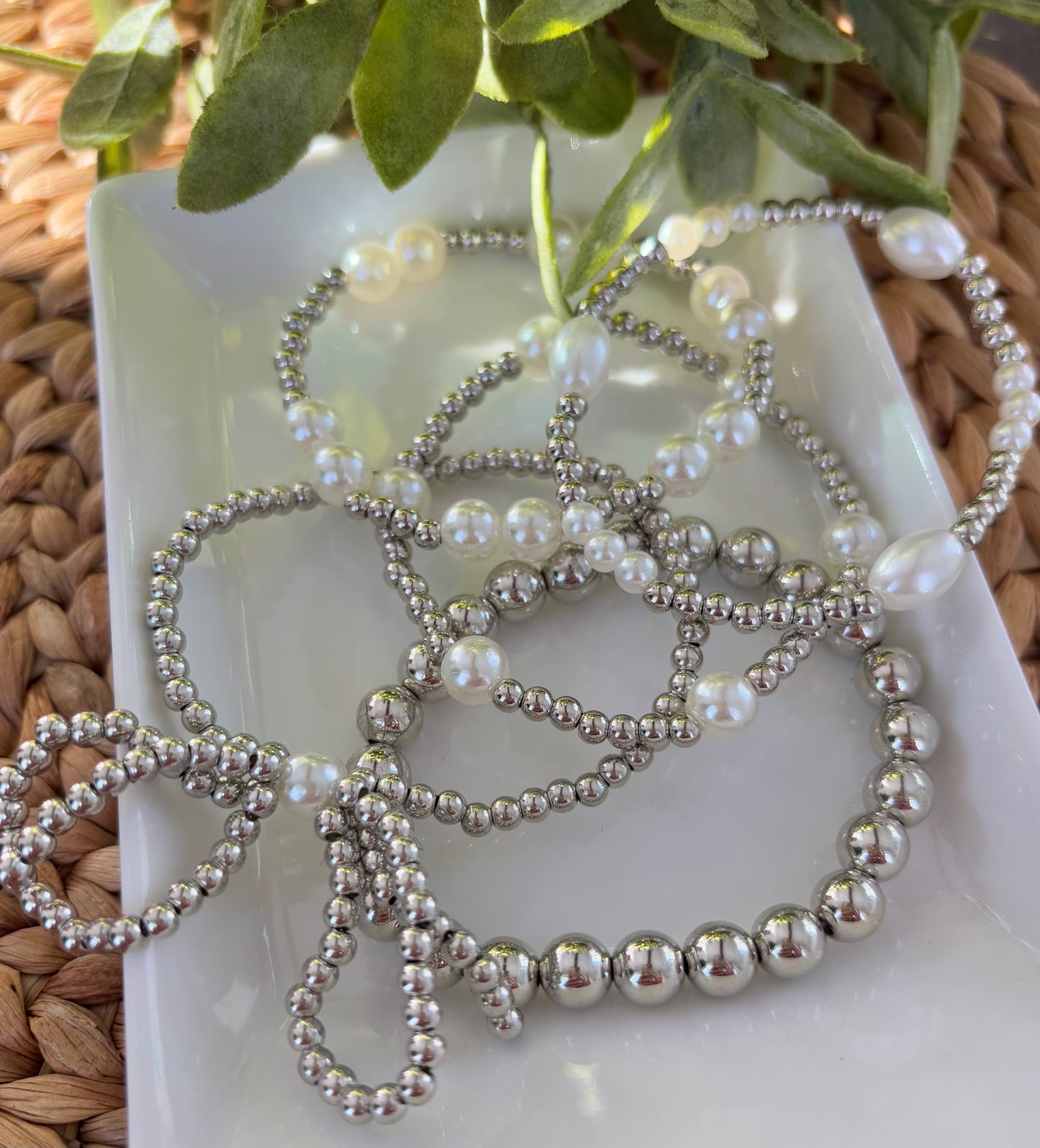 Silver Cross Pearl & Bow Bracelet Stack