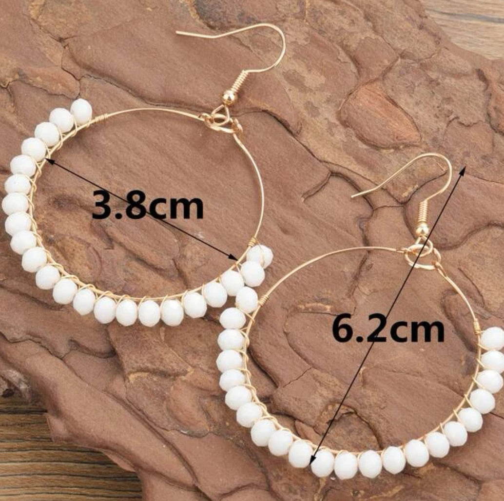 White Beaded Gold Hoops