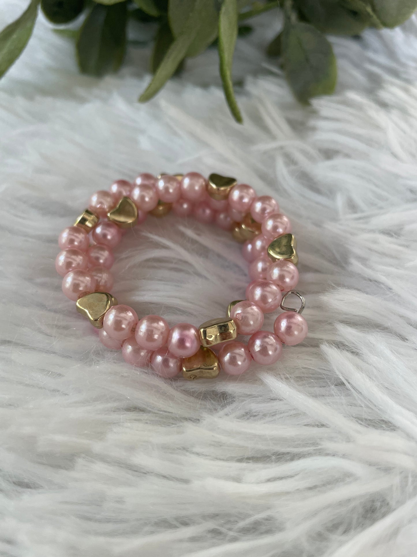 Pink Pearl & Gold Heart Coil Bracelet