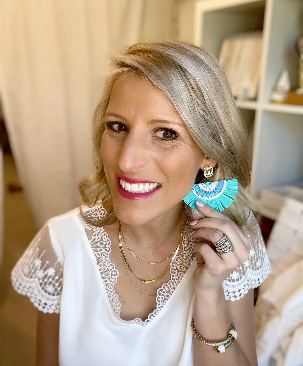 Teal Raffia Fan Earrings