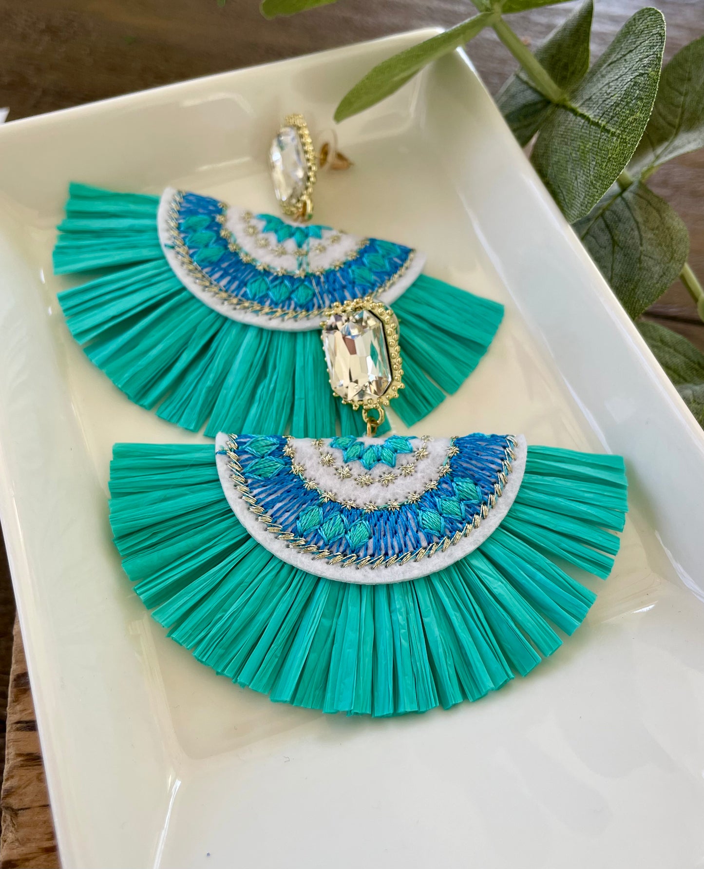 Teal Raffia Fan Earrings
