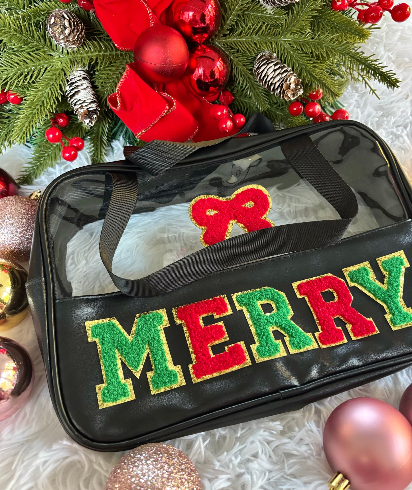 “MERRY” Chenille Patch Cosmetic & Travel Bag