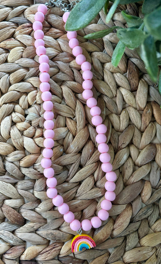 Pink Beaded Necklace-Rainbow Charm