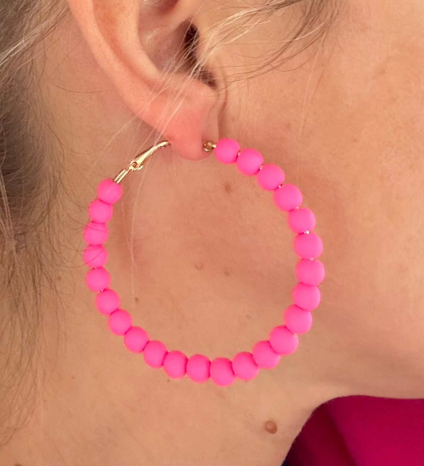 Hot Pink Beaded Hoop Earrings