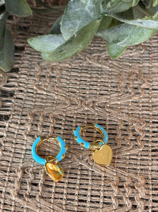 Gold Heart Blue Huggie Hoops