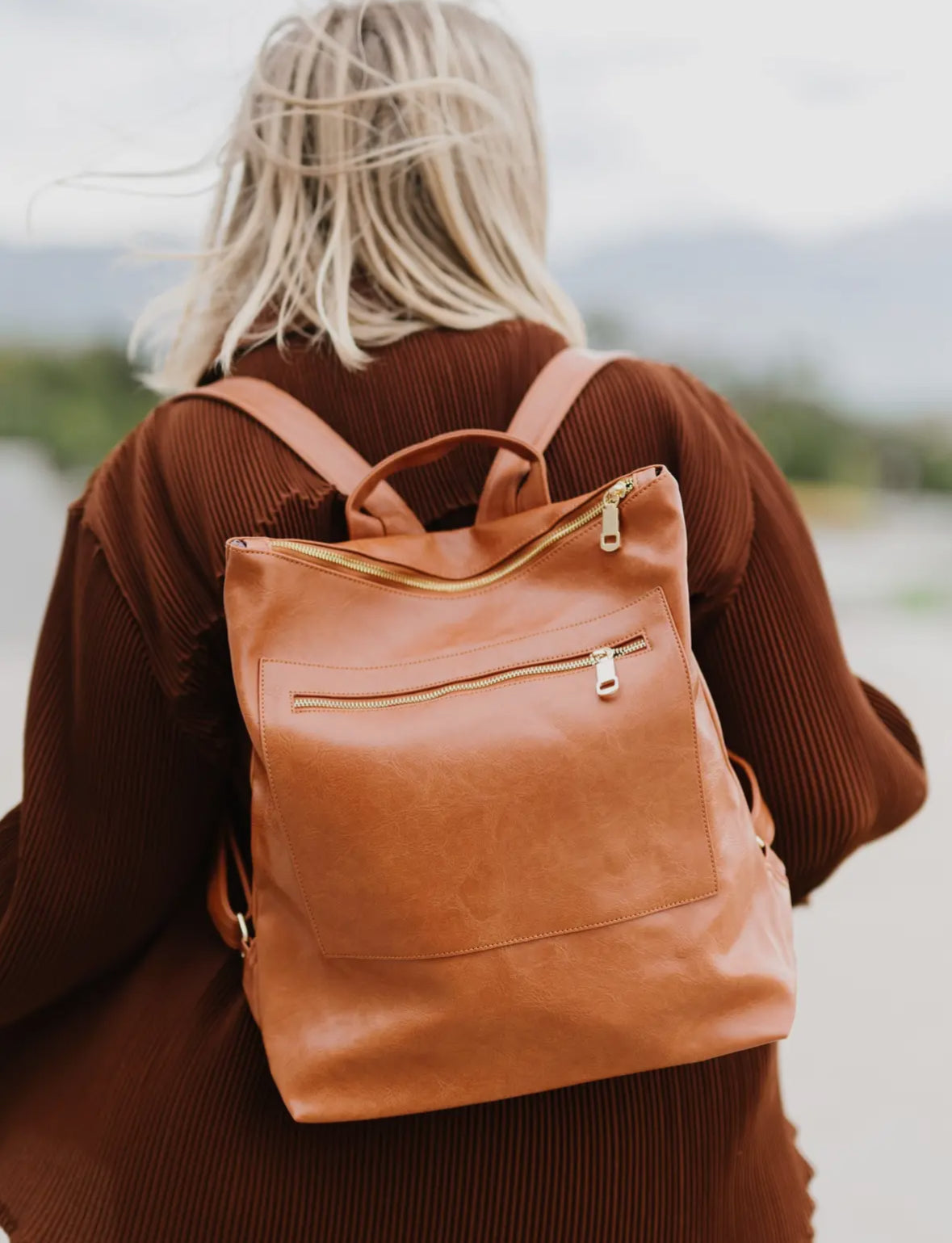 Vegan Leather Backpack-Camel