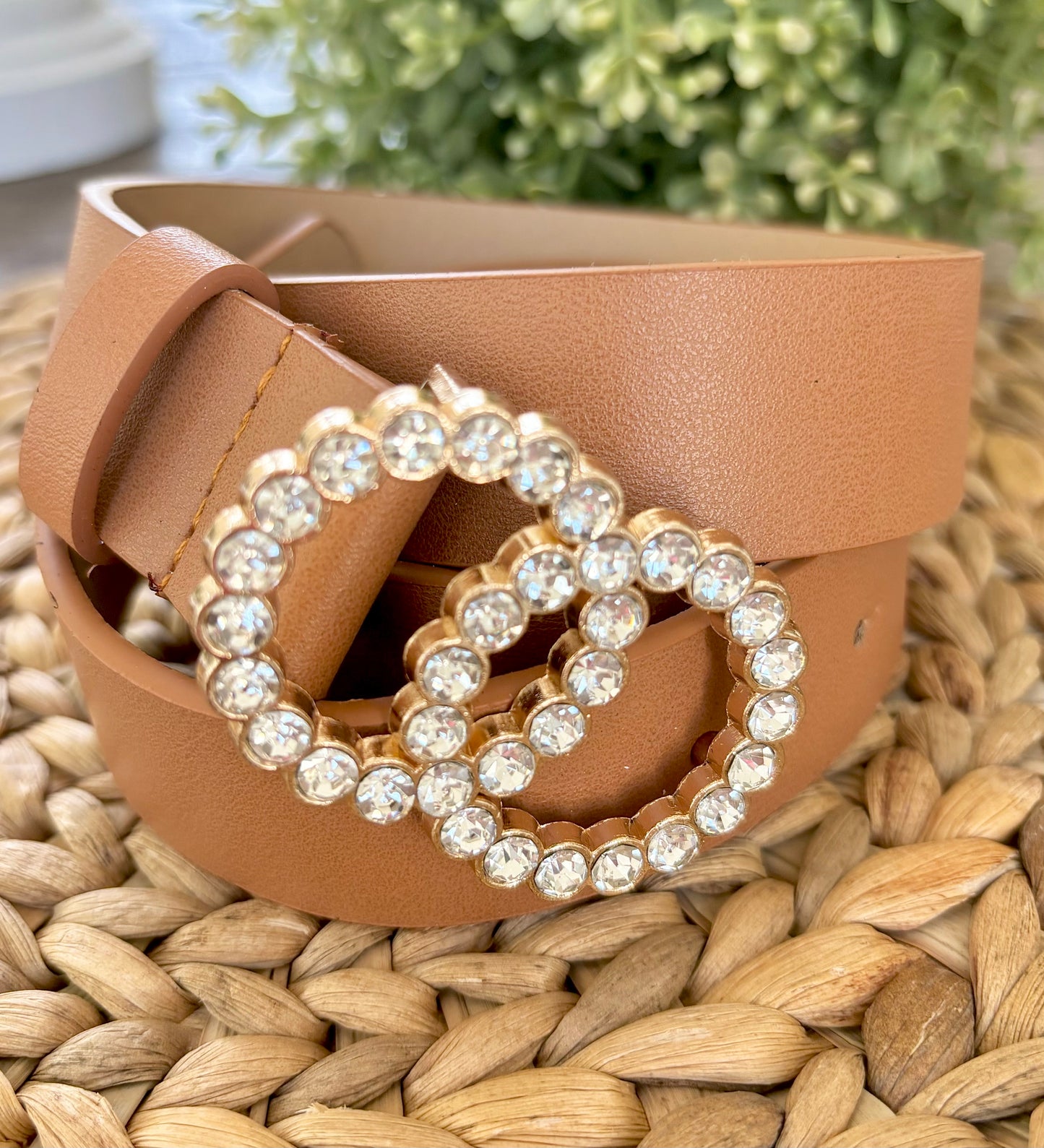 Light Brown Rhinestone Double Circle Belt