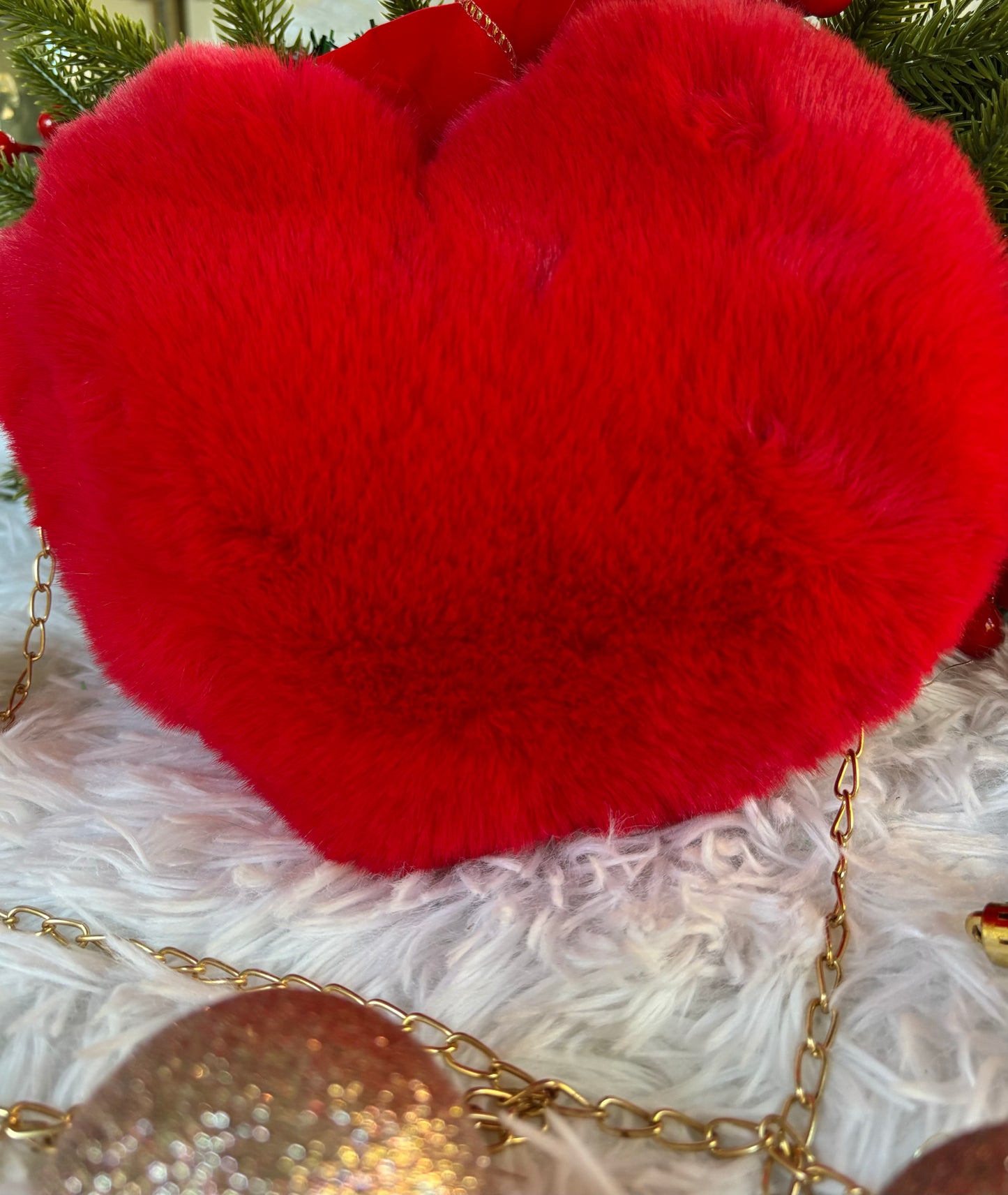 Faux Fur Heart Purse-Red