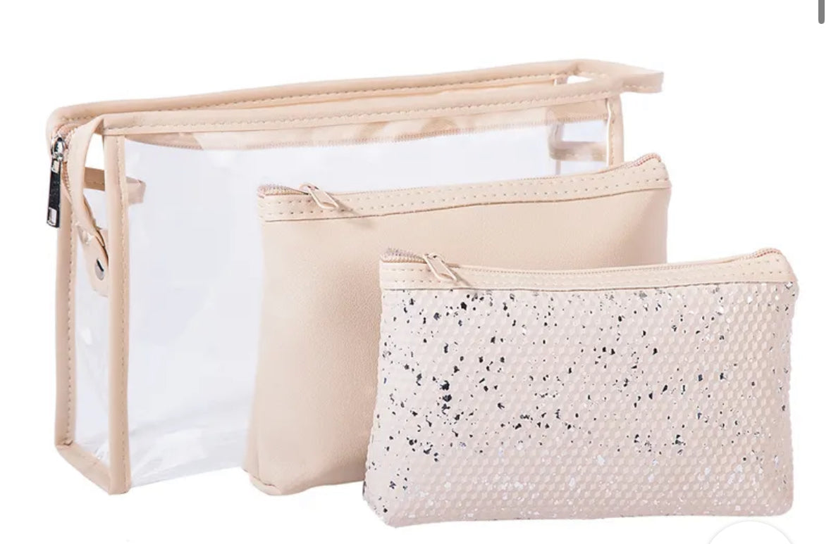 3 Piece Cosmetic & Travel Bag Set-Neutral