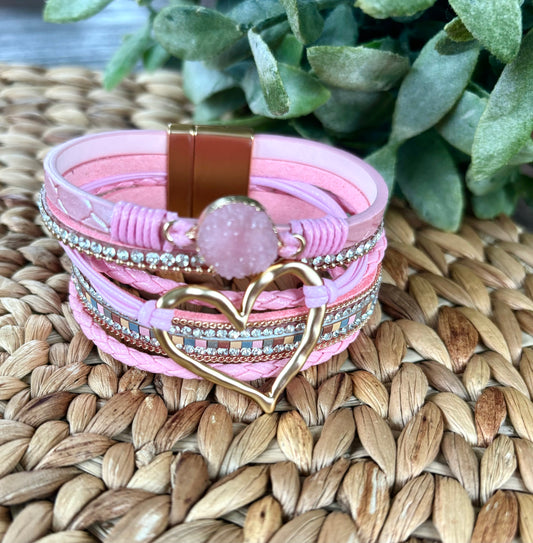 Pink Heart Leather Wrap Bracelet