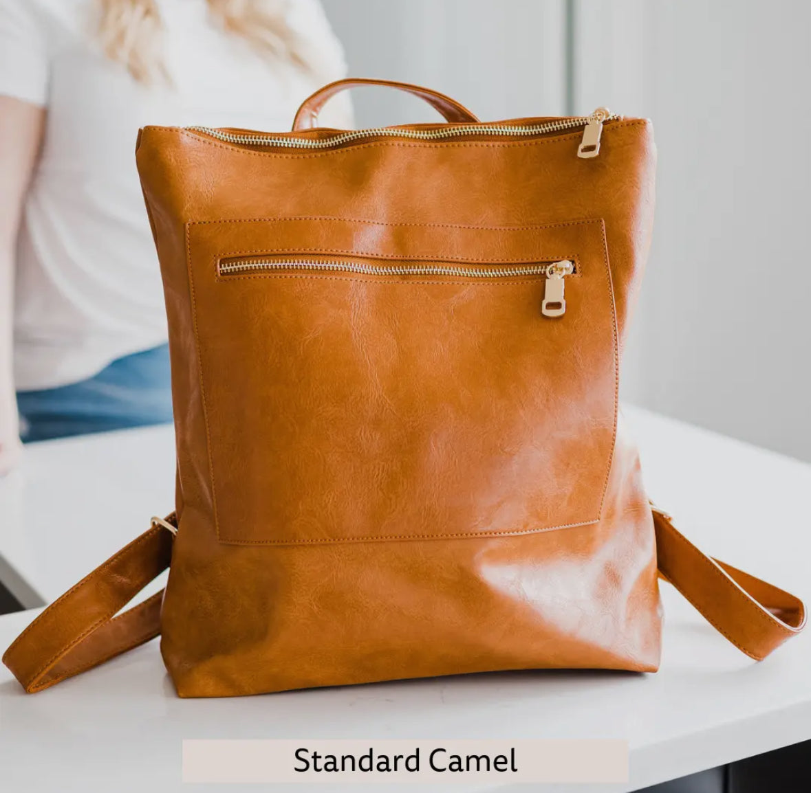 Vegan Leather Backpack-Camel