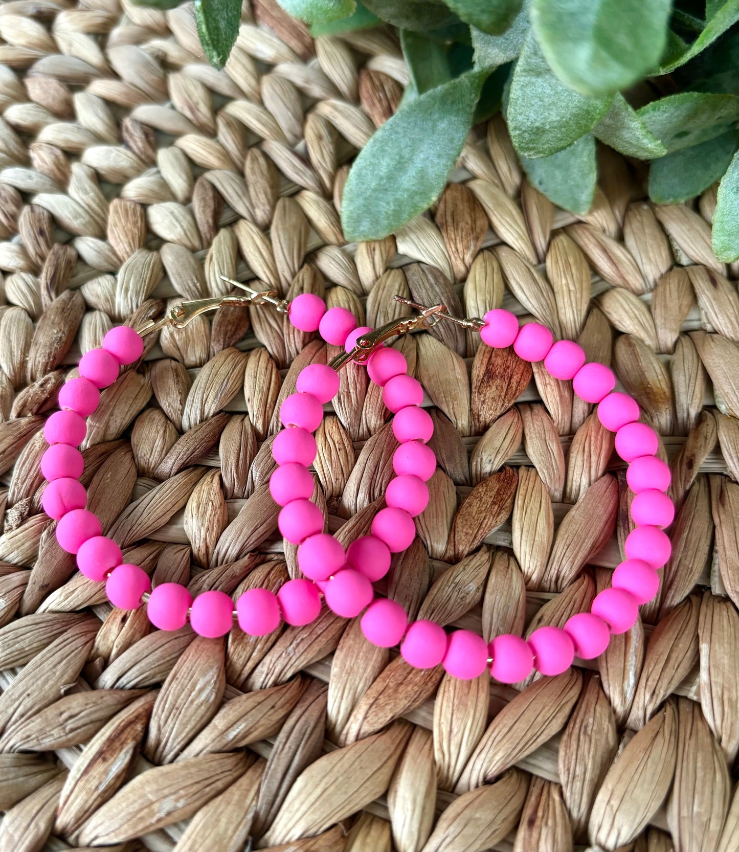 Hot Pink Beaded Hoop Earrings