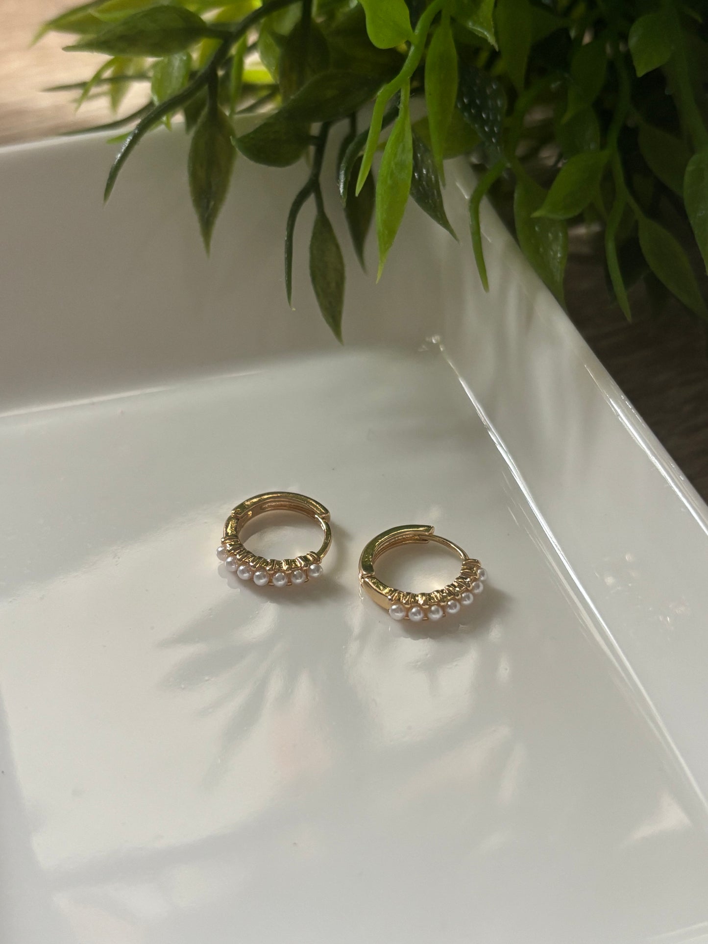 Gold Pearl Huggie Hoops