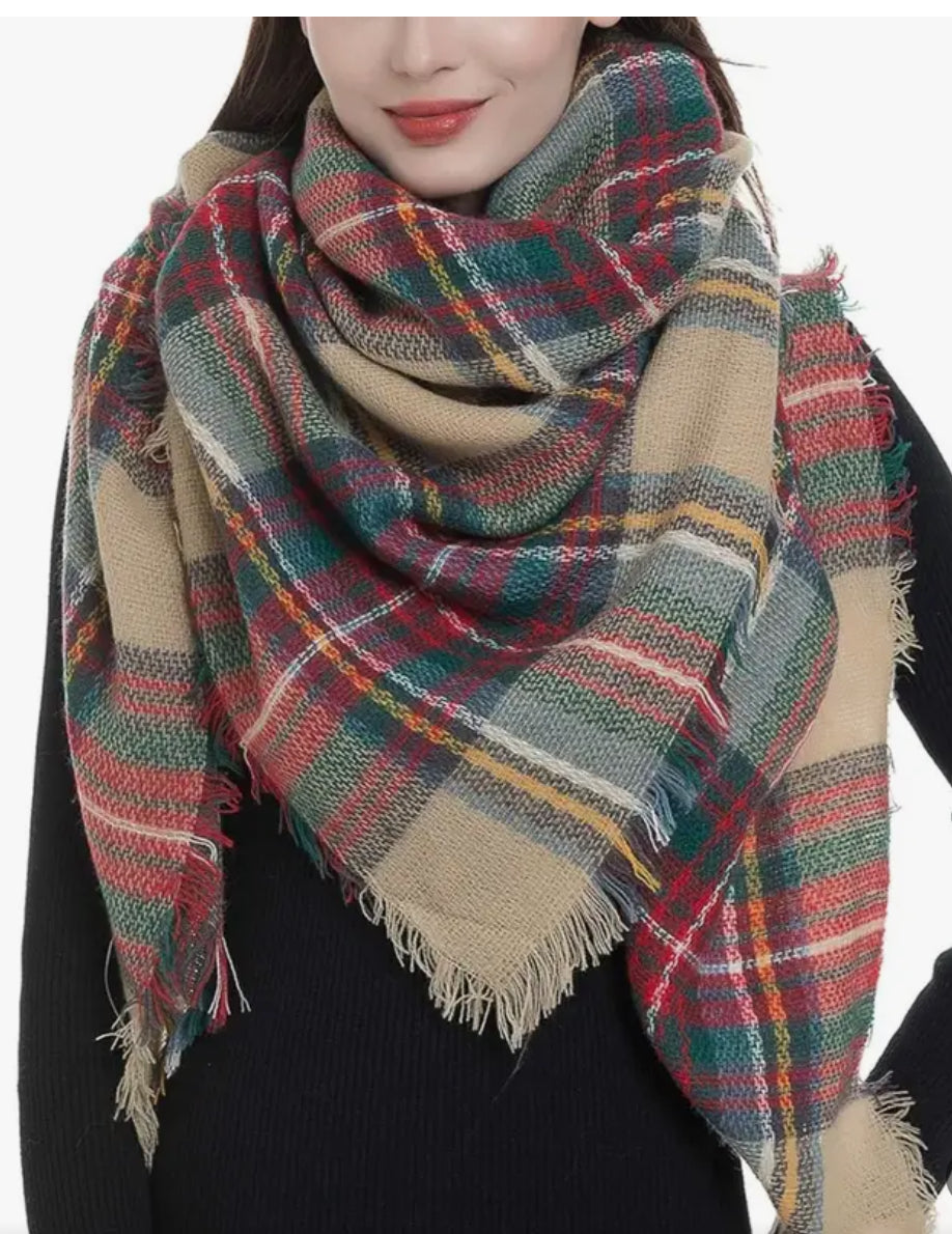 Blanket Scarf-Khaki/Red/Green