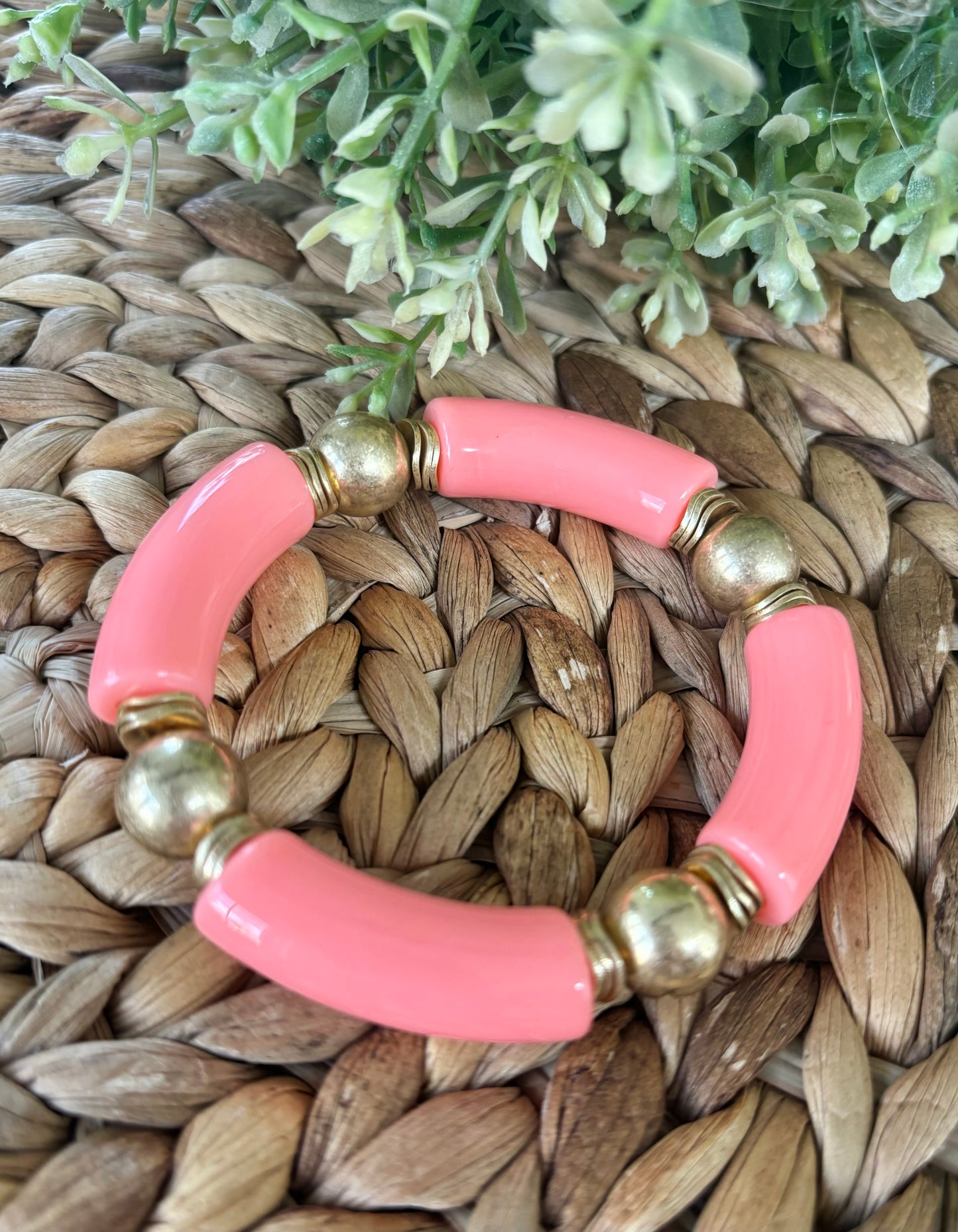 Gold Ball & Tube Bracelet-Peachy Pink