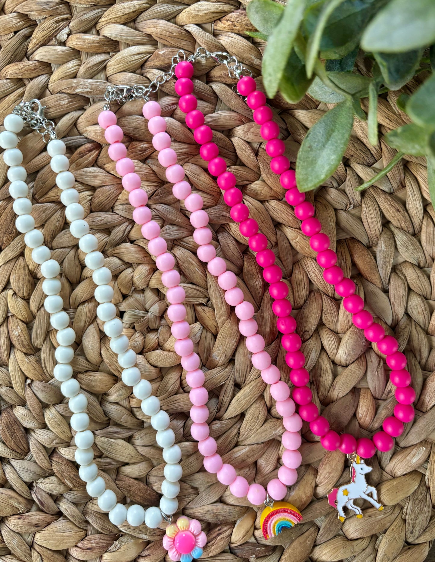 Pink Beaded Necklace-Rainbow Charm