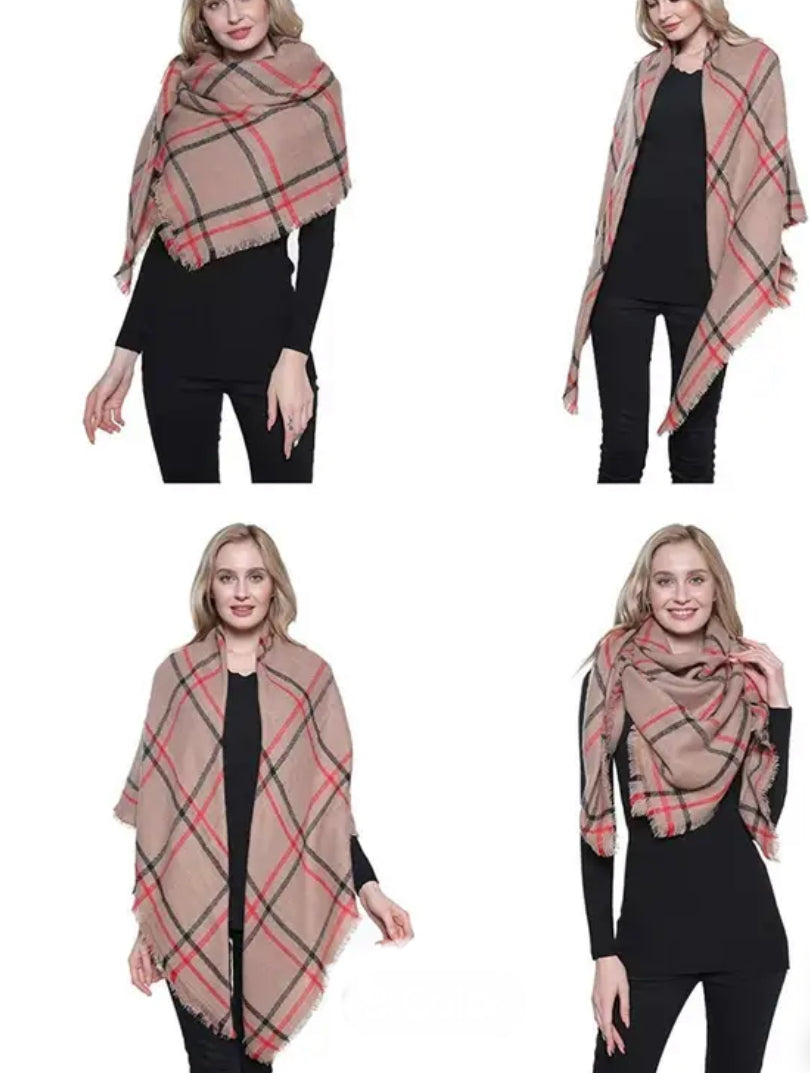 Blanket Scarf-Khaki/Red/Black