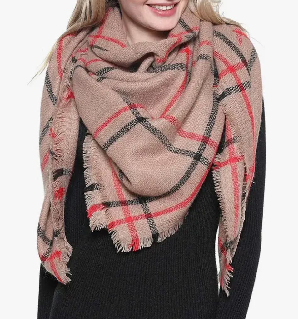 Blanket Scarf-Khaki/Red/Black