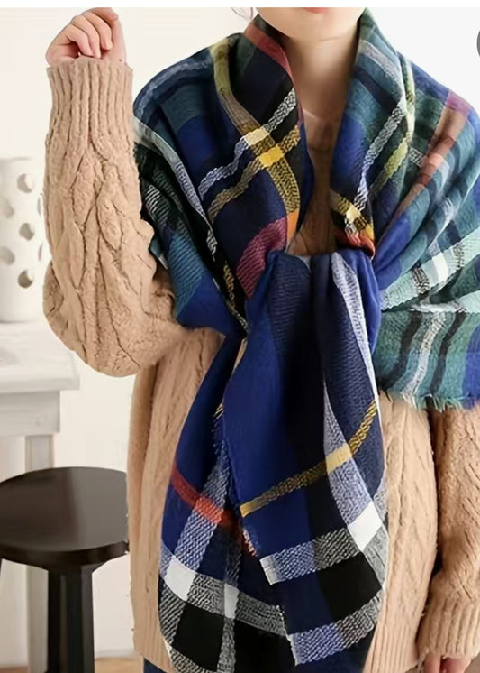 Plaid Blanket Scarf-Navy