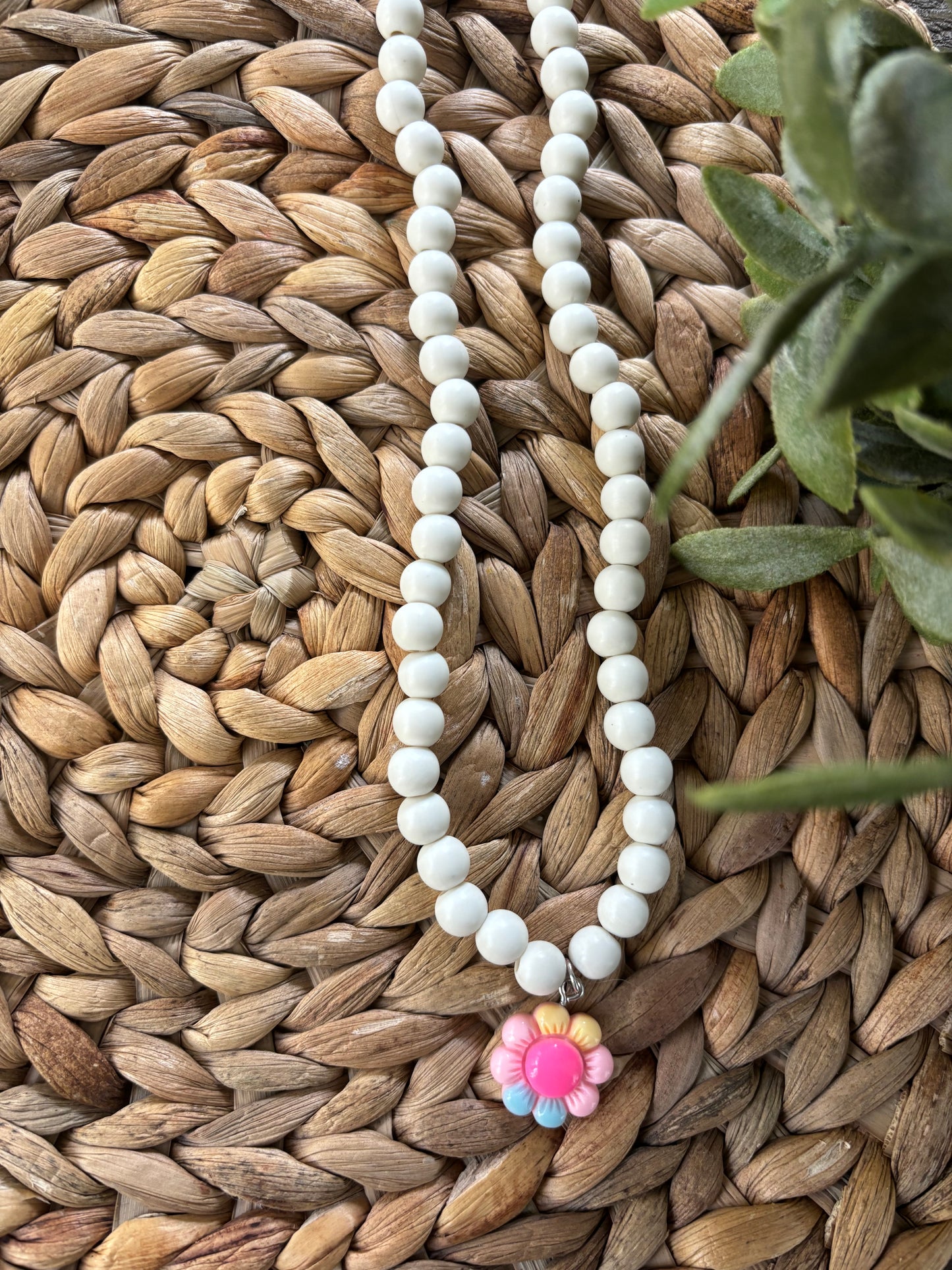 Cream Beaded Necklace-Flower Charm