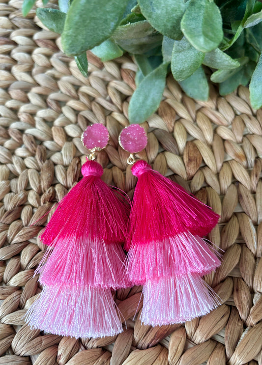 Tiered Pink Tassel Earrings