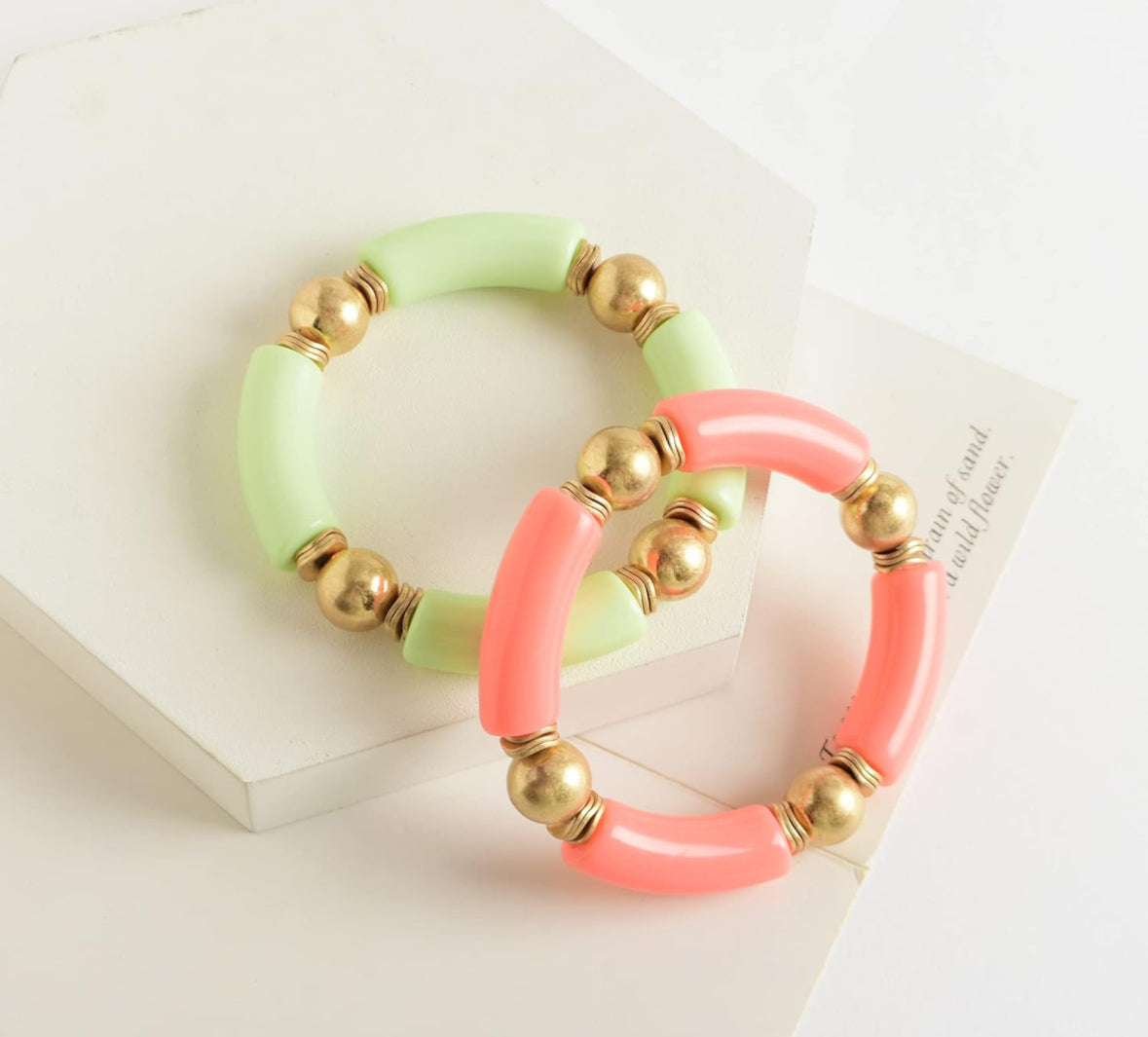 Gold Ball & Tube Bracelet-Peachy Pink