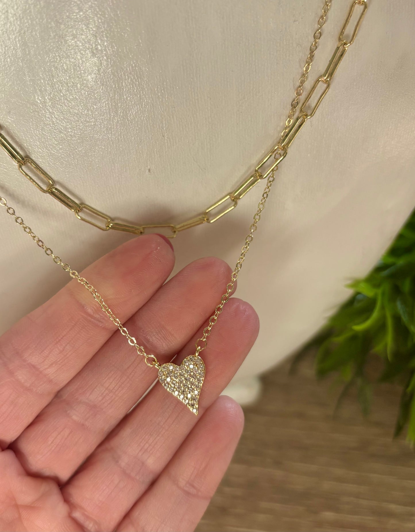 Paperclip & Pave Heart Layering Necklace