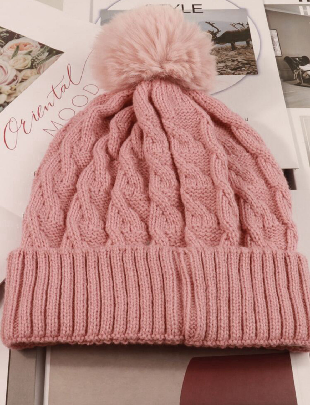 Pom Pom Beanie Hat-Blush Rhinestone