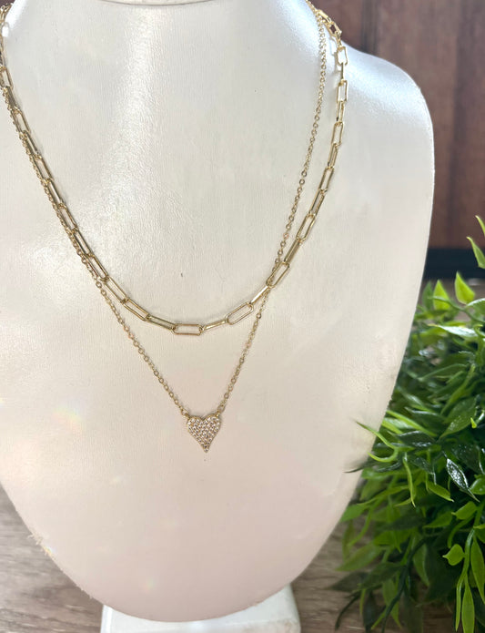 Paperclip & Pave Heart Layering Necklace