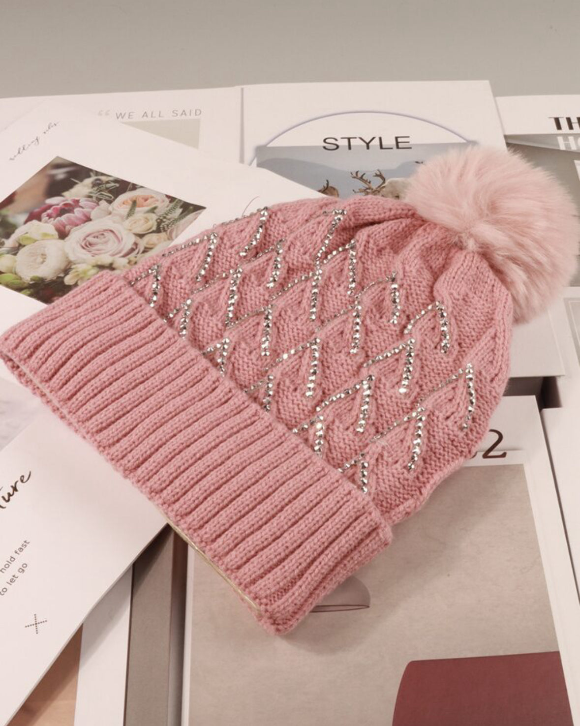 Pom Pom Beanie Hat-Blush Rhinestone