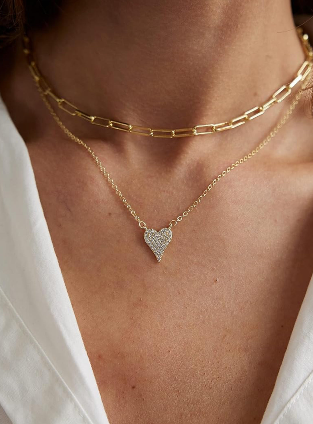 Paperclip & Pave Heart Layering Necklace