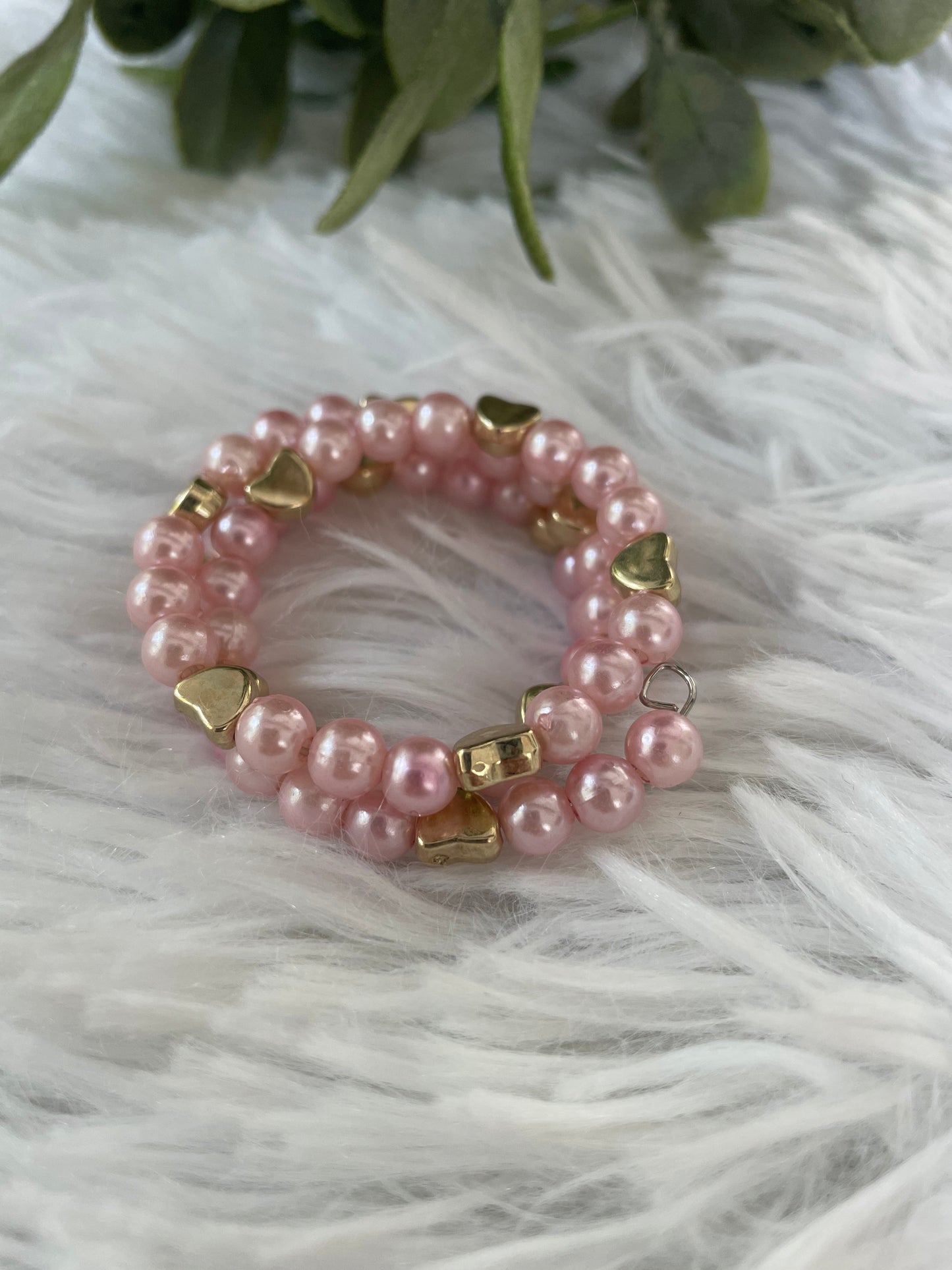 Pink Pearl & Gold Heart Coil Bracelet