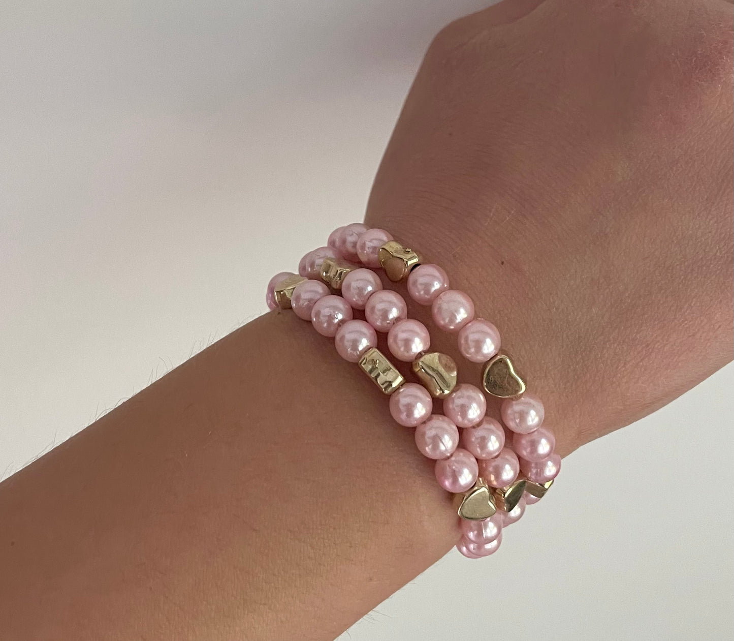 Pink Pearl & Gold Heart Coil Bracelet