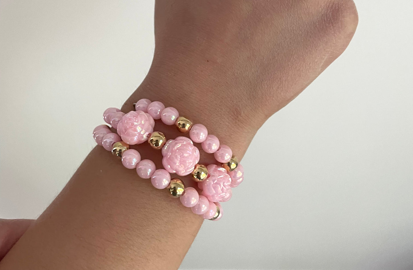 Pink Pearl & Pink Flower Coil Bracelet