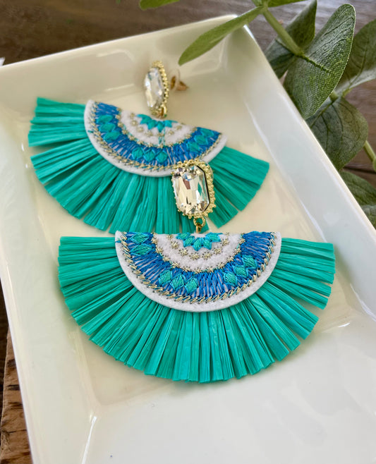 Teal Raffia Fan Earrings