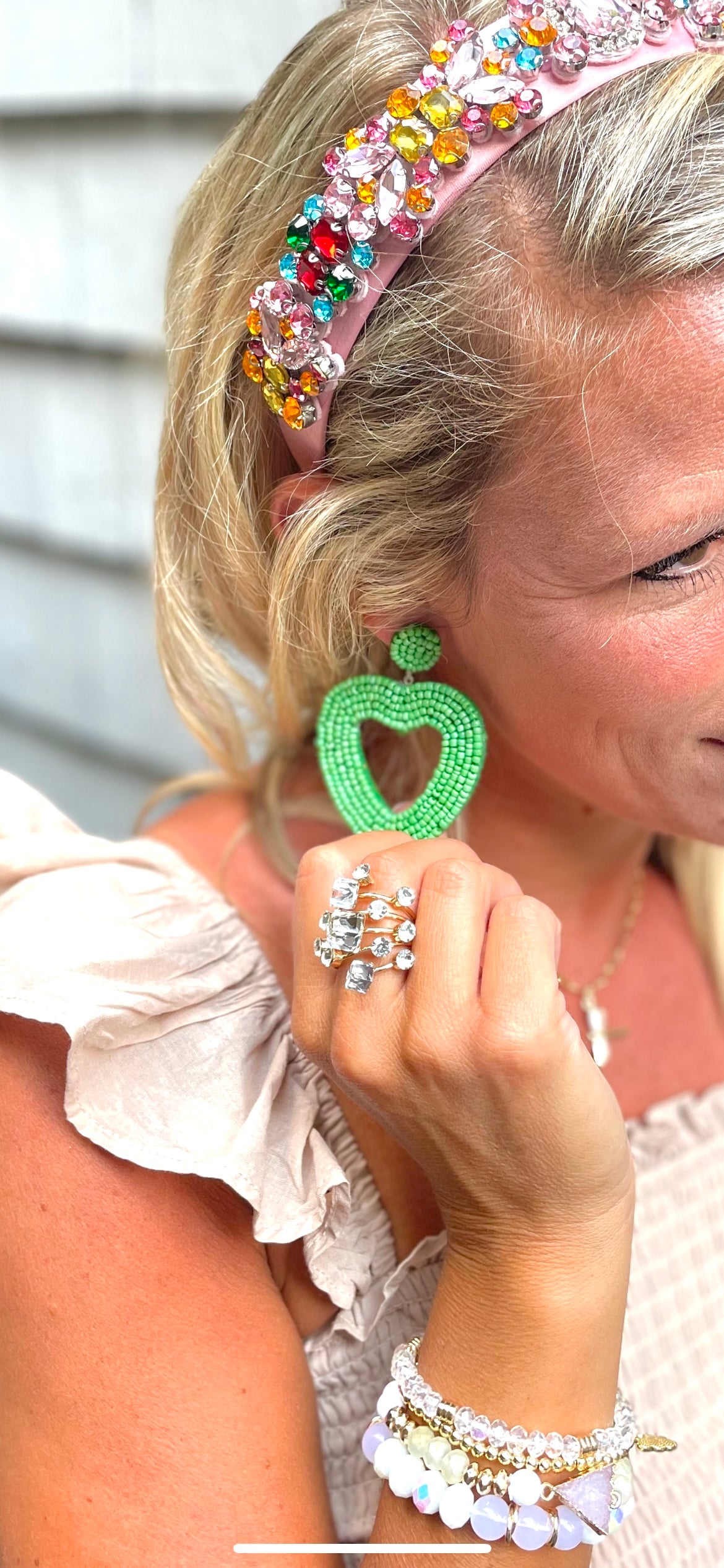 Green Beaded Heart Earrings