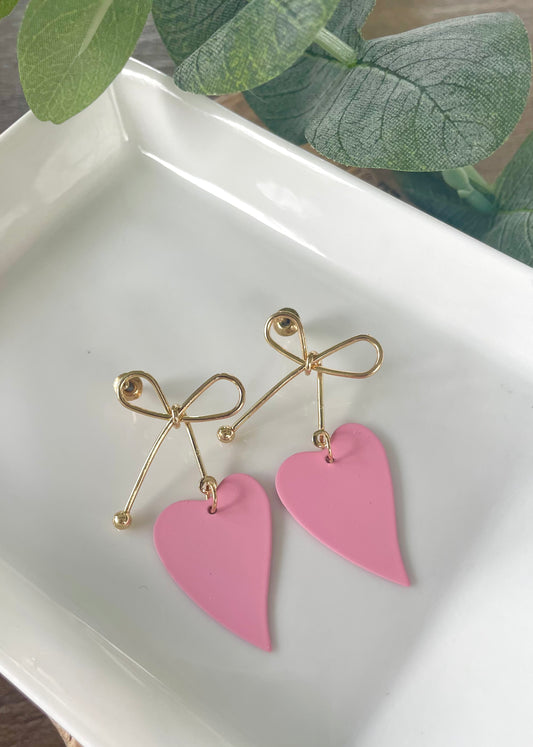 Pink Heart Bow Earrings