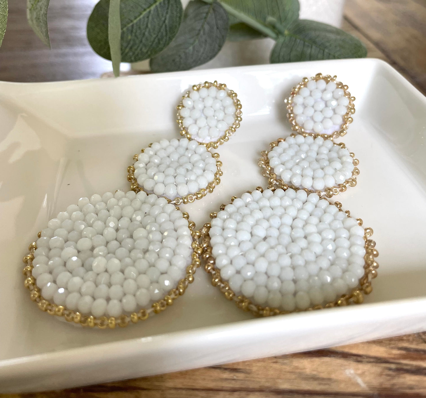 Beaded White Round Drop Earrings