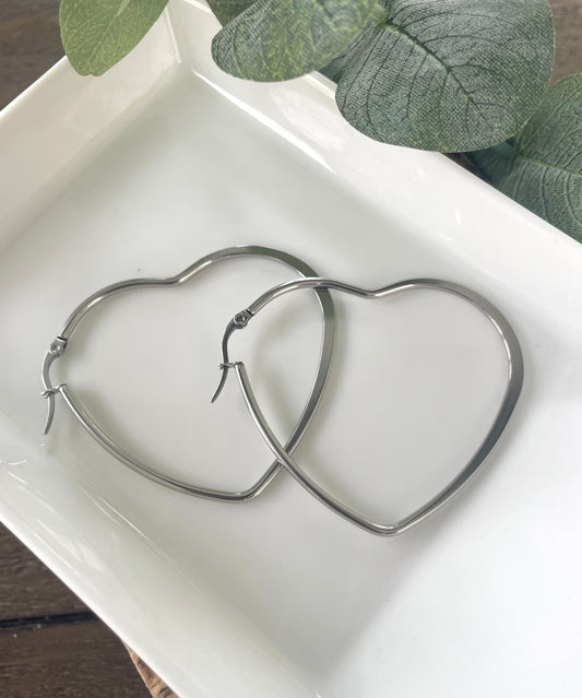 Silver Heart Hoops