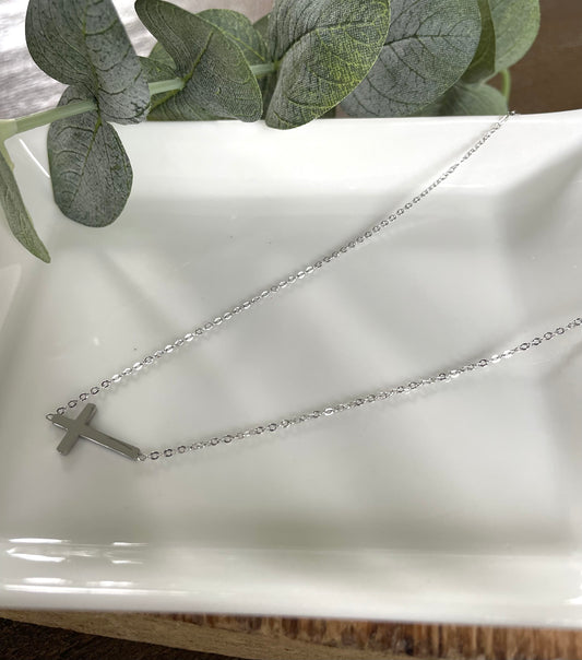 Sideways Cross Necklace-Silver