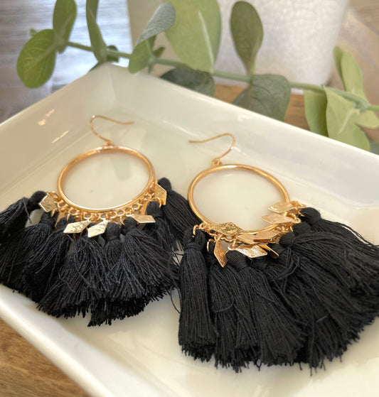 Black Fringe & Hoop Earrings